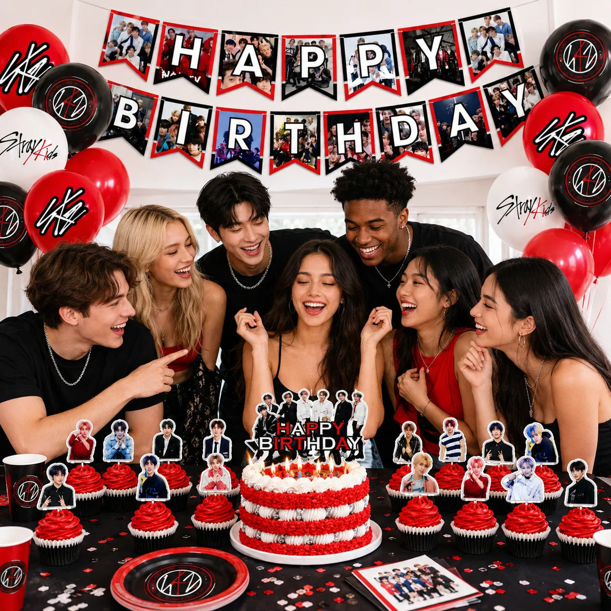 Kit Cotillón Stray Kids Set Cumpleaños Con Tela De Fondo
