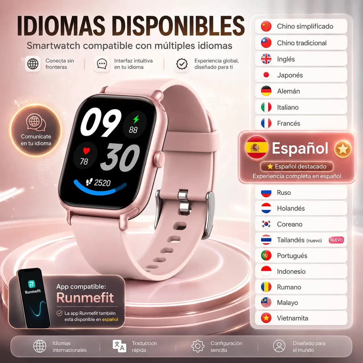 Smartwatch Feel The Power Mujer 100+ Funciones Sport/health Blanco Milanés Rosa Rosa