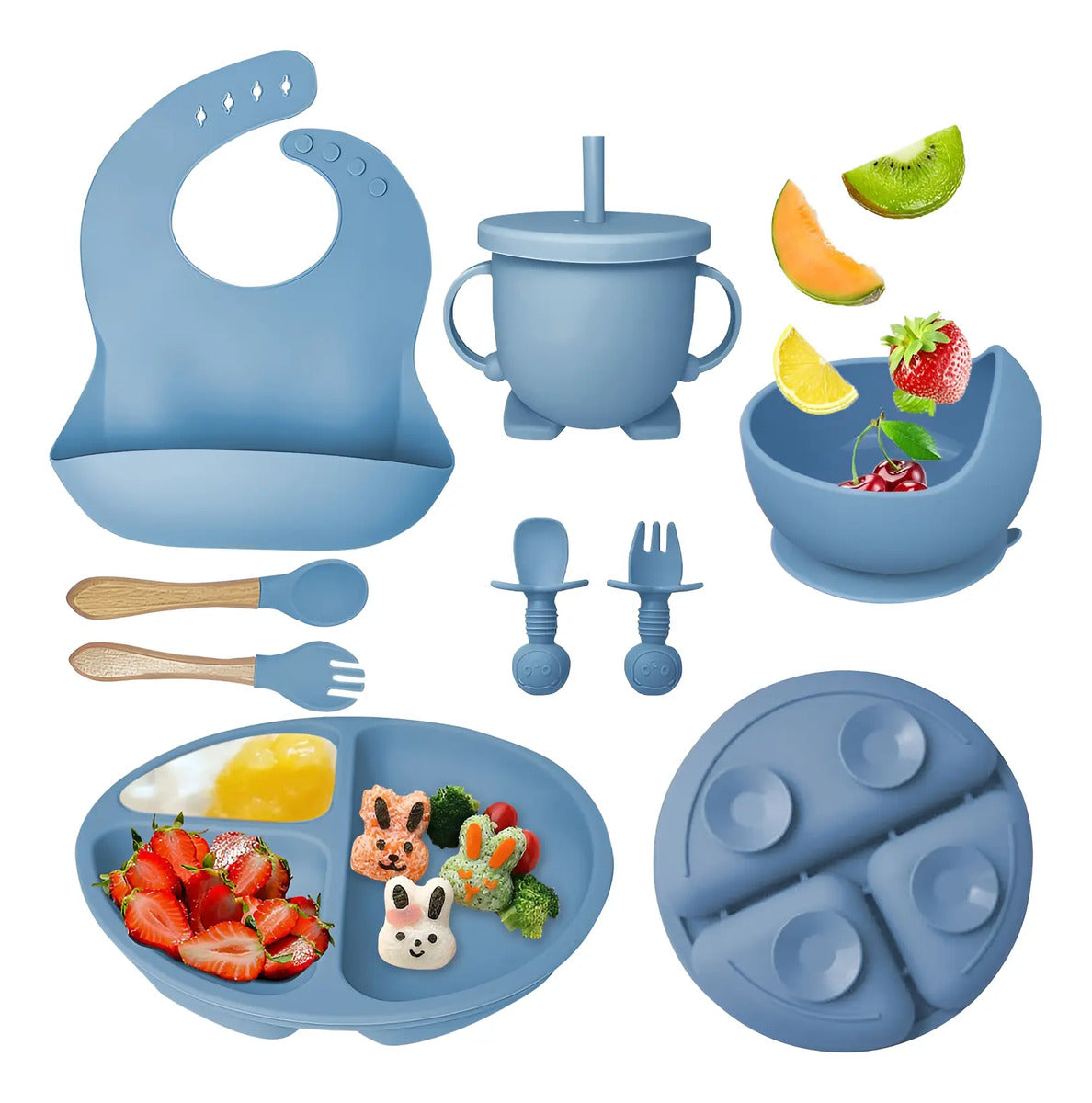Set De Cubiertos Y Platos De Silicona Baby Beam Para Bebés
