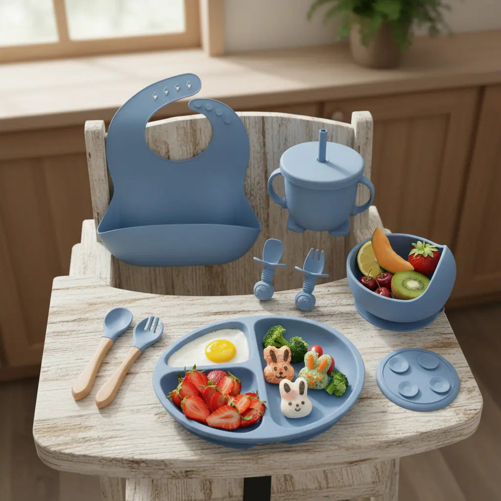 Set De Cubiertos Y Platos De Silicona Baby Beam Para Bebés