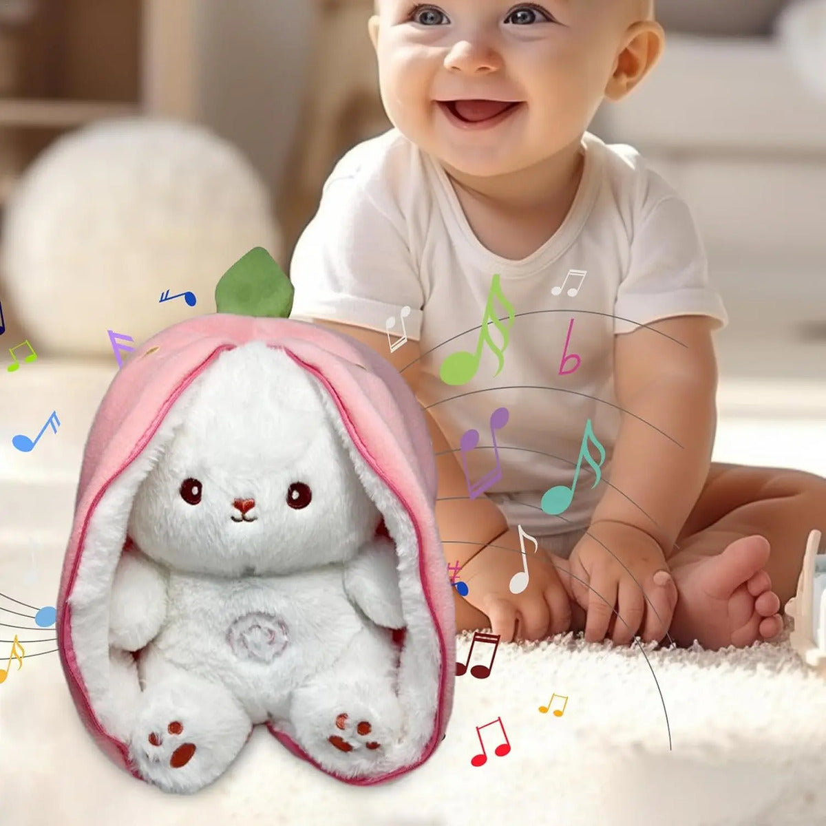 Conejo Fresa Peluche De Apego Respiración Y Sonido