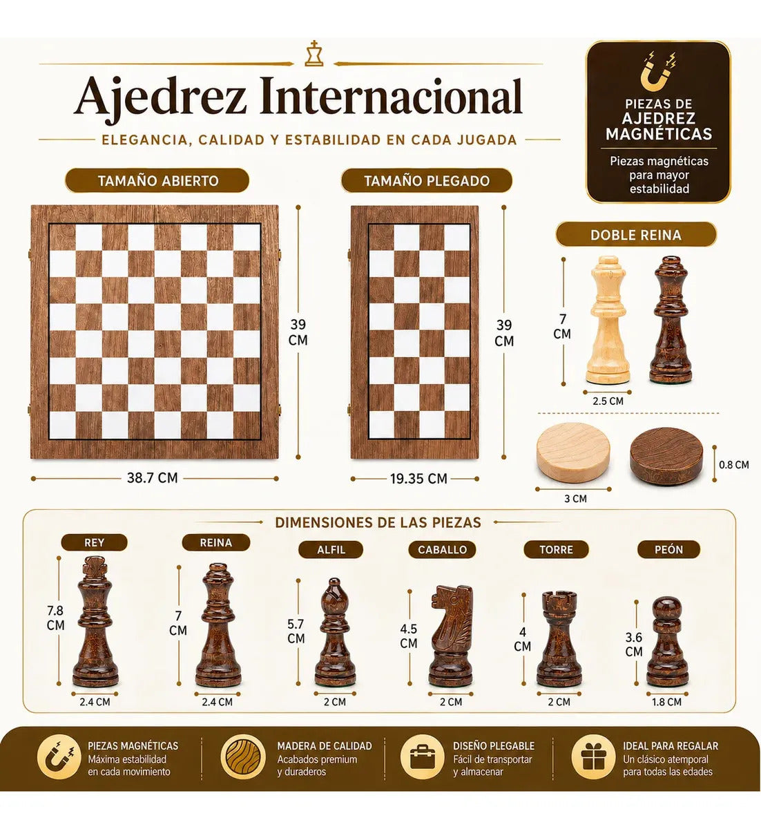 Juego De Ajedrez Profesional Grande De Madera Nogal 2 En 1