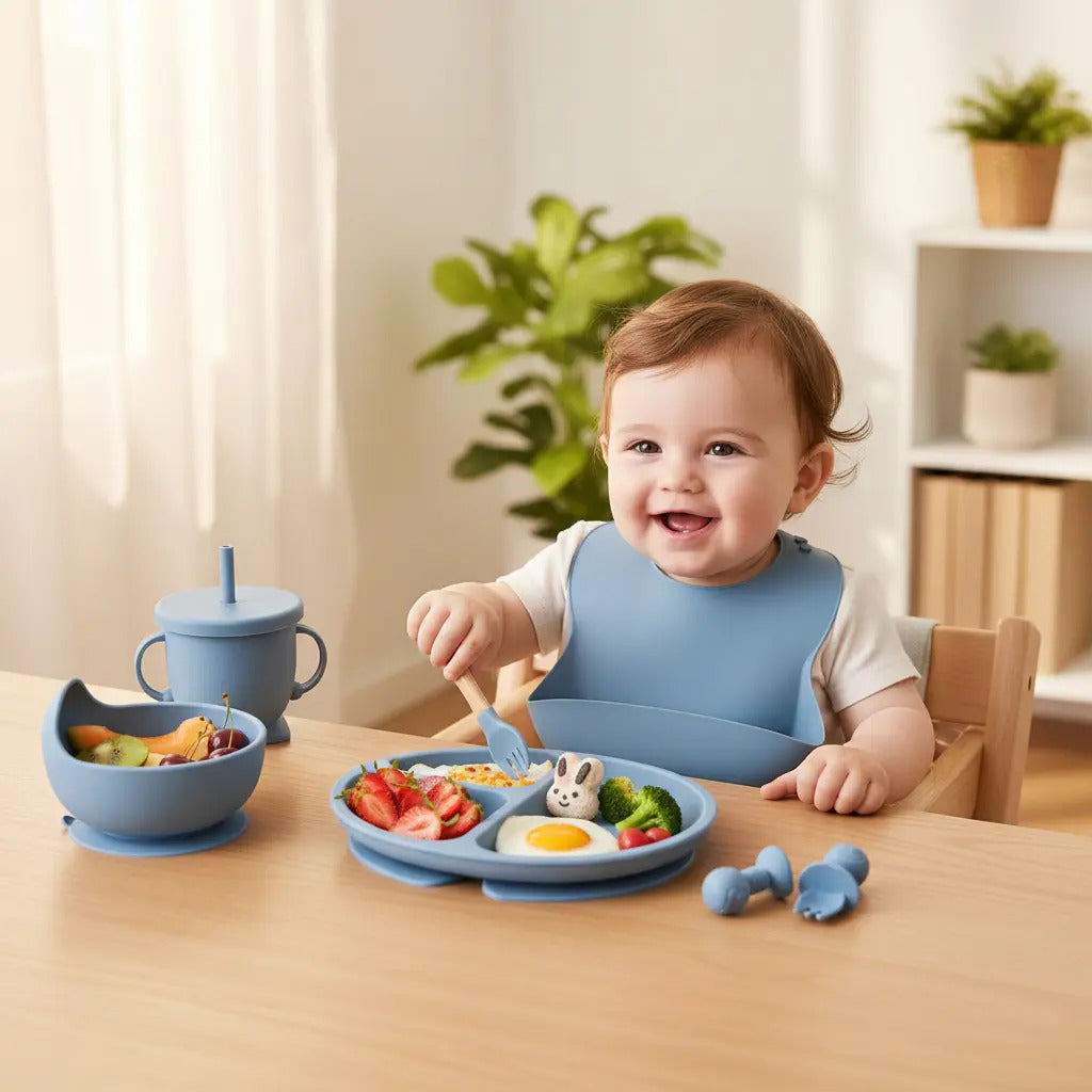 Set De Cubiertos Y Platos De Silicona Baby Beam Para Bebés