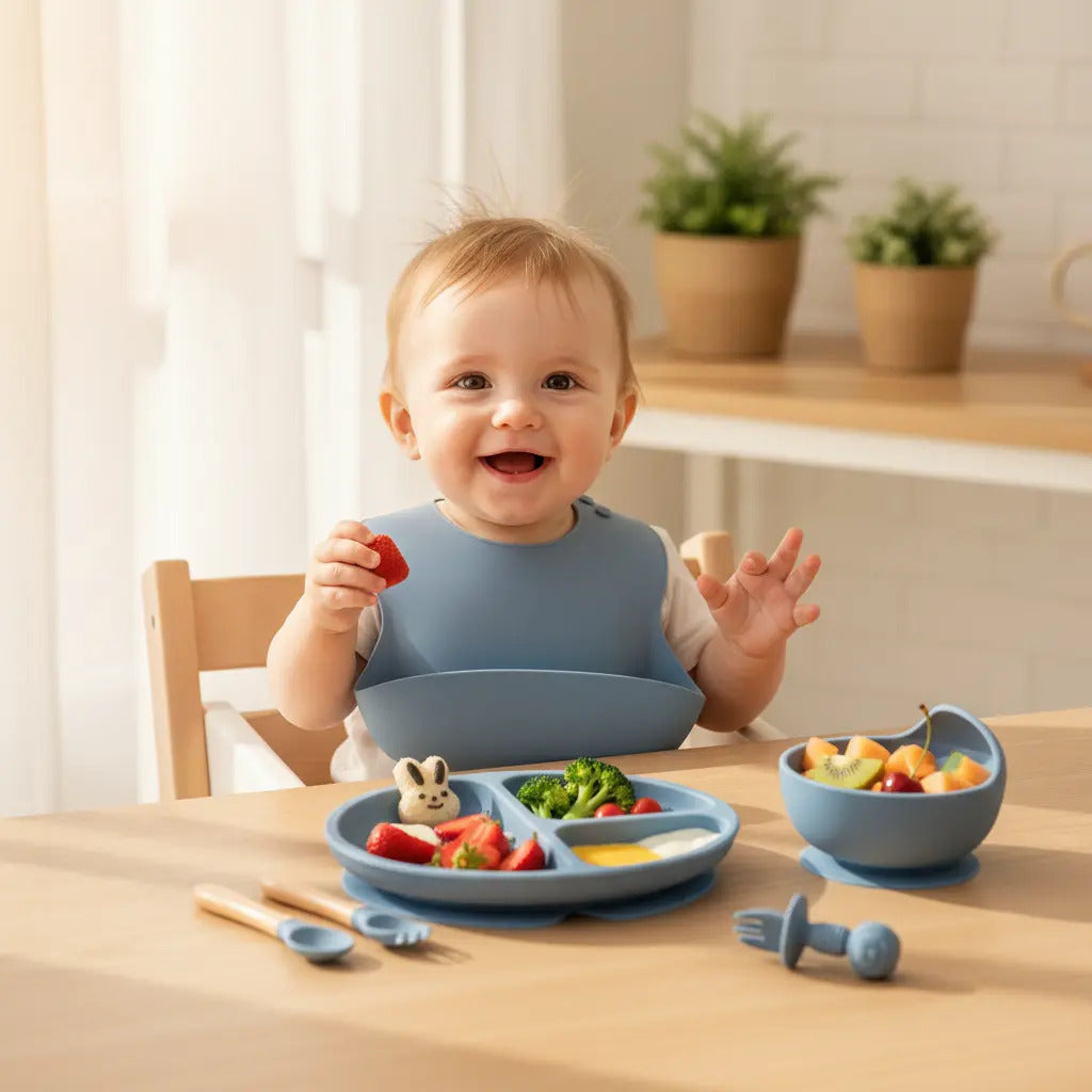 Set De Cubiertos Y Platos De Silicona Baby Beam Para Bebés