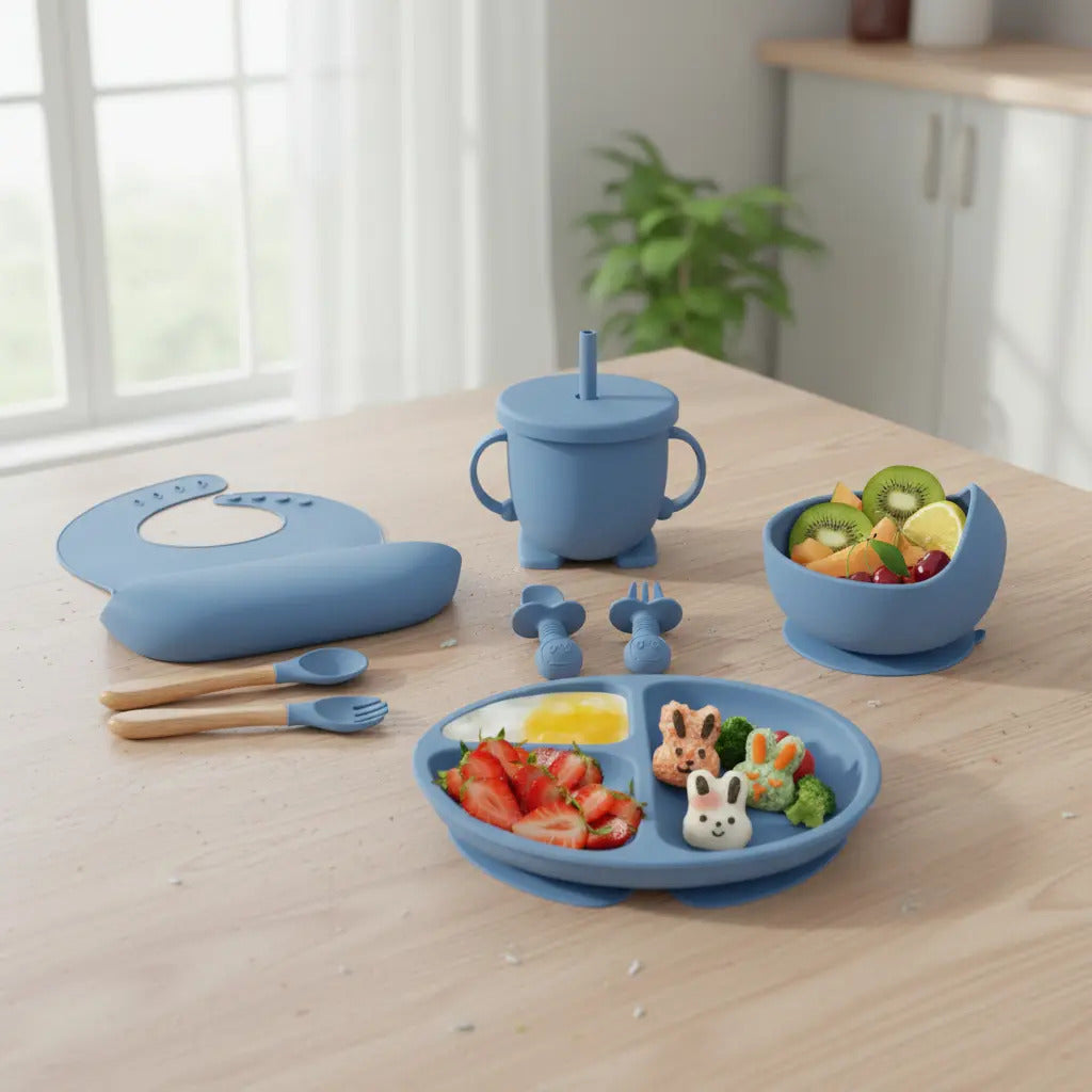 Set De Cubiertos Y Platos De Silicona Baby Beam Para Bebés